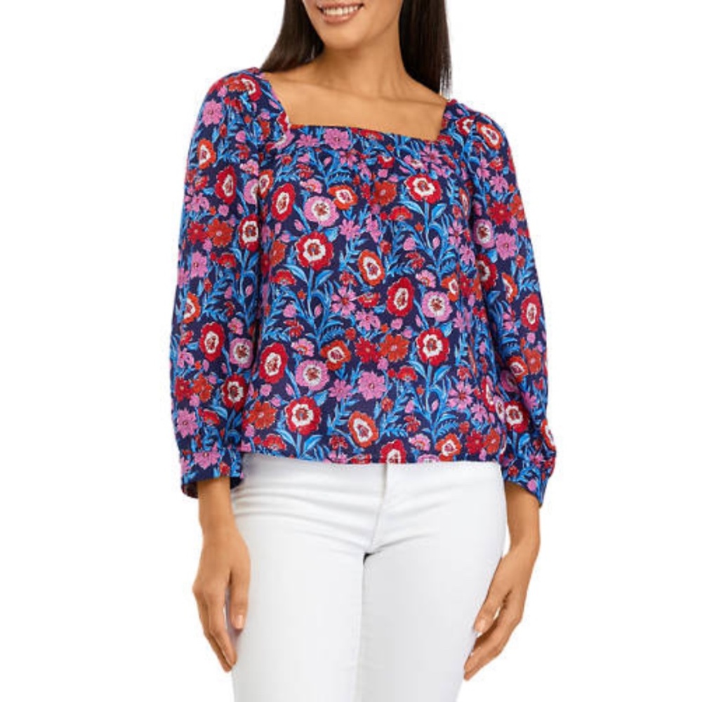 Vineyard Vines Blue Red Floral Square Neck Tisbury Long Sleeve Top Size Medium